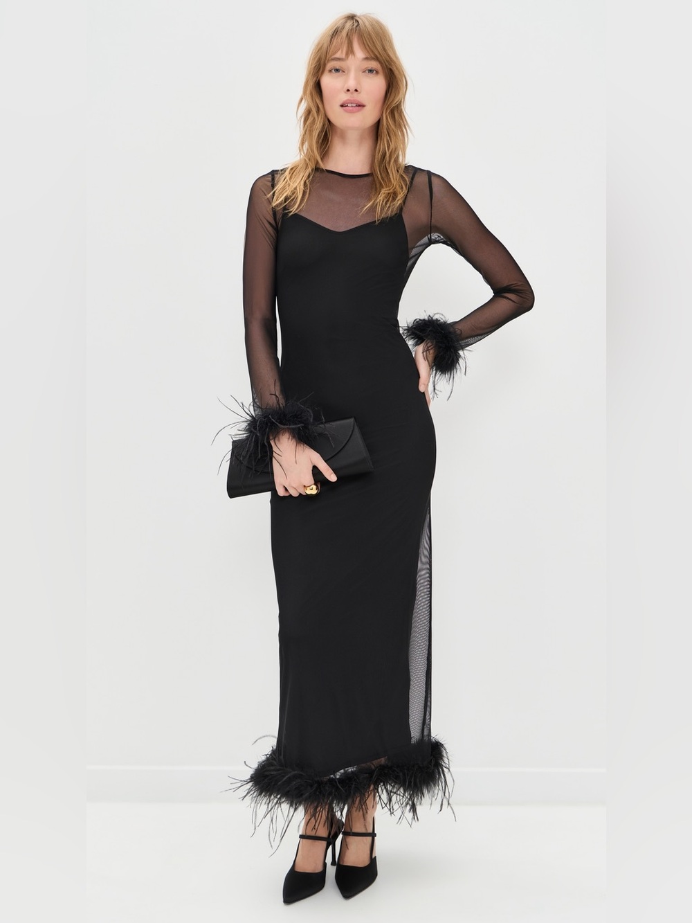New Never Fully Dressed Revolve Mesh Maxi Long Sleeve Feather Wrist Dress